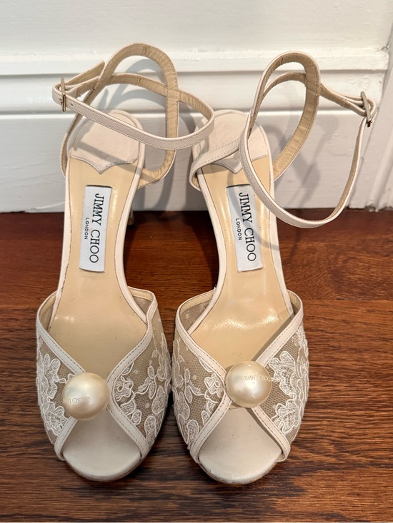 Jimmy Choo Shoes - Jimmy Choo Sacora 85 MM Ivory Lace Peep-Toe Ankle Strap Heels with Pearl